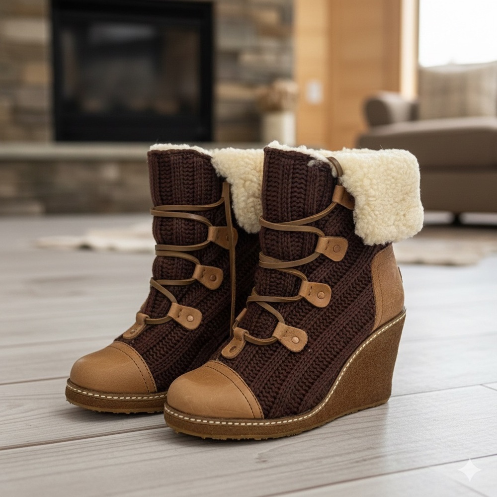 Australia Luxe Collective pony skin sheepskin Brown and Tan Wedge Boots size 6